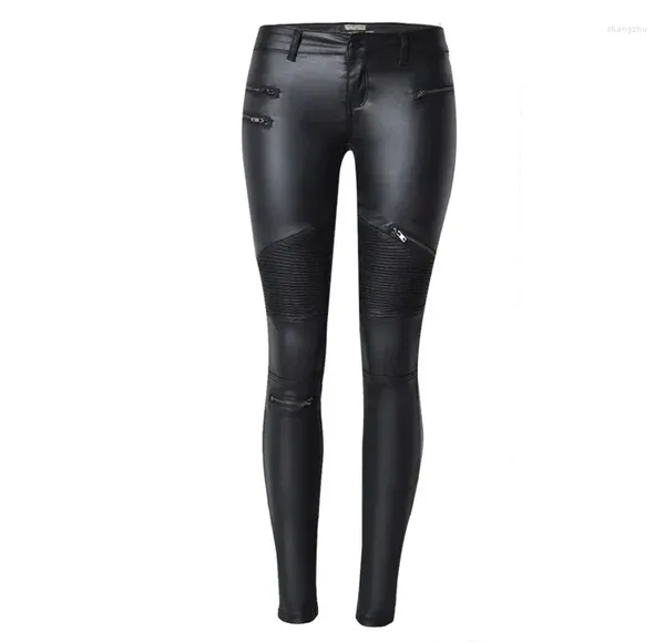 Pantalones de mujer Leggings de mezclilla de piel sintética con diseño de motocicleta con cremallera múltiple de gran tamaño