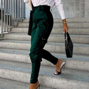 Pantalon en simili cuir pour femme, taille haute, crayon avec fermeture éclair, décor multi-poches, coupe cintrée, Long, couleur unie