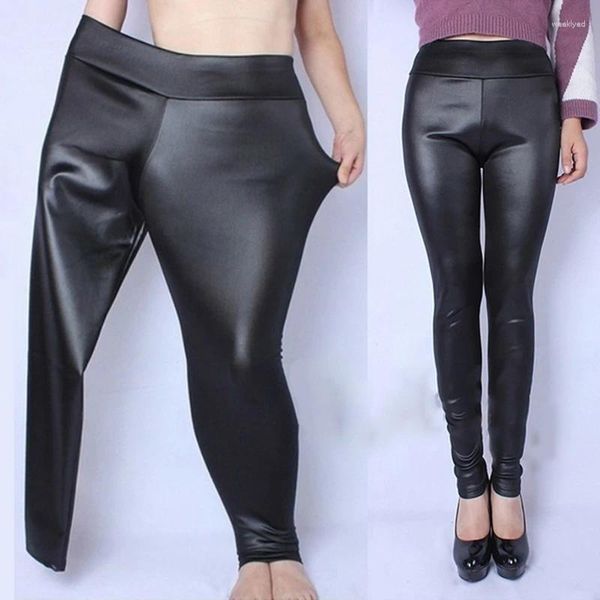 Pantalones de mujer de piel sintética de PU de talla grande XL-5XL pantalones de tubo de cintura alta pantalones de mujer Casual Sexy flaco elástico elástico