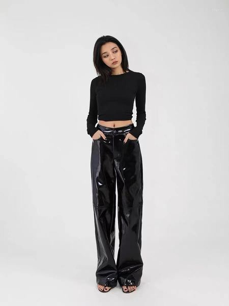 Pantalones de mujer rectos de piel sintética con acabado brillante pantalones holgados de látex góticos de PVC para mujer con bolsillo personalizado