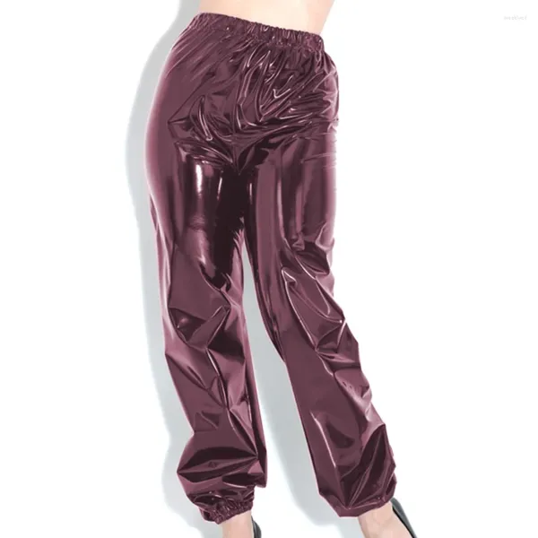 Pantalones de mujer de vinilo PVC de cuero de cintura alta Harem elásticos sueltos hasta el tobillo pantalones Sissy Wetlook ropa de calle sencilla para mujer