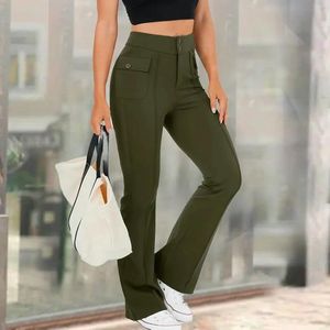 Pantalon féminin Flare pour les femmes Casual Retro Retro High Bouton Side avec Pocket Slimming Belt Moins dames Bulfting Solid pantalon