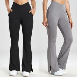 Women's Pants Flare Leggings Yoga Pocket Women High Waist Wide Leg Gym Fitness Sports Black Flared Pant Latin Dance Trousers