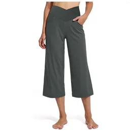 Pantalon évasé de Yoga pour femmes, avec poches, couleur unie, croisé en V, taille haute, jambières d'exercices, ourlet fendu, collants de Fitness, Streetwear