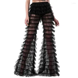 Damesbroeken uitlopend voor dames Y2k Esthetische effen kleur See Through Mid-taille Wijde pijpen Bell-bottoms Ruche Gelaagde broeken Street chic