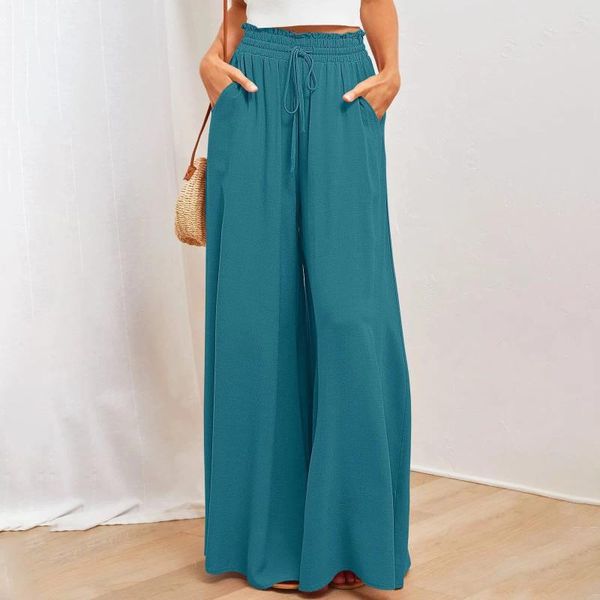 Pantalon Vintage tendance pour femmes, surdimensionné, couleur unie, cordon de serrage, taille fluide, drapé à volants, décontracté avec poche, 2024