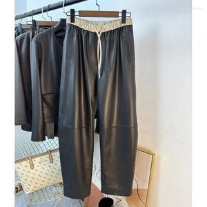 Pantalon féminin pour les femmes en cuir authentique classique féminin de pipeline droit pantalon plus grand pantalon longs jambes décontractées streetwear élastique