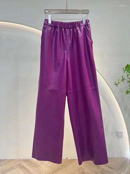 Pantalon Femme Pantalon en cuir Fuchsia pour femmes 2024 Printemps Peau naturelle Taille élastique Taille large Jambe décontractée Longueur de plancher Pantalones de Mujer