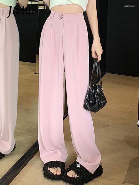 Pantalon féminin complet combinaison décontractée couleurs de couleur unie droite taille haute la jambe large mode pantalon féminin rose