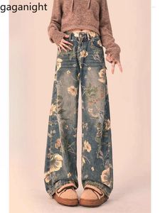 Pantalon féminin Gaganight Femmes American Retro Floral Full Full Imprimé Jeans 2024 Printemps décontracté June droite Femme