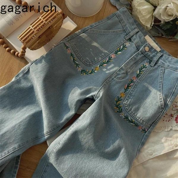 Pantalones para mujer Gagarich Mujeres francesas 2023 Colección vintage de verano Flor bordada Cintura alta Slim Pierna ancha Cilindro recto Jeans