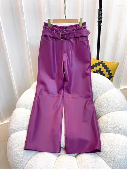 Pantalones de mujer Cuero genuino para mujer Otoño Invierno Longitud completa Bota de piel de oveja Corte de cintura alta con cinturón Y4595