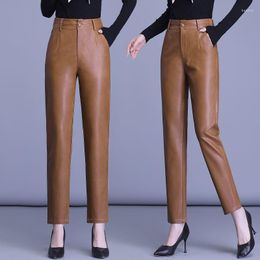 Calças femininas de couro genuíno grosso pele de carneiro cintura alta lápis magro casual calças macias de perna reta