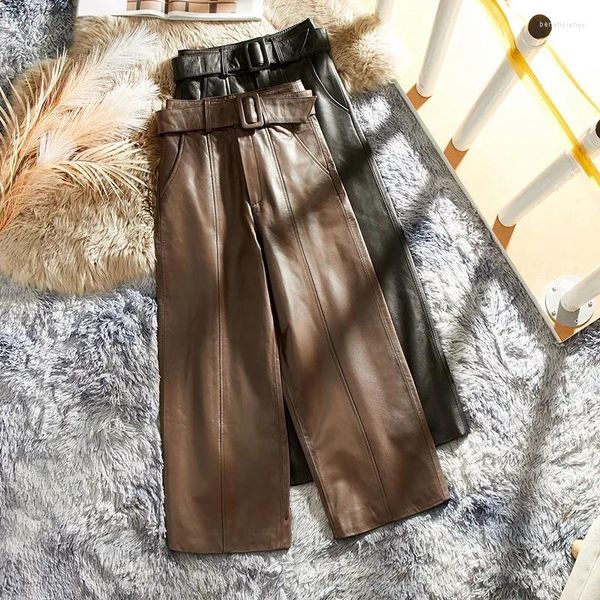 Pantalon femme en cuir véritable femme pantalon taille haute droit hiver coréen vache pantalon Streetwear Ropa Mujer