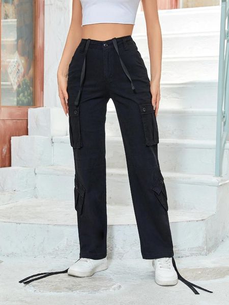 Pantalones para mujer GILIPUR Vintage Cargo Baggy Jeans Cintura alta Cordón Mujeres Streetwear Múltiples bolsillos Pantalones negros atados al tobillo Y2K