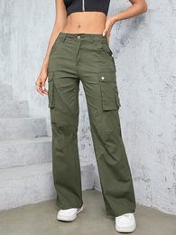 Damesbroeken GILIPUR Vintage streetwear Cargo Hoge taille Stretch Legergroen Dames Baggy Meerdere zakken Rechte broek met wijde pijpen Y2K