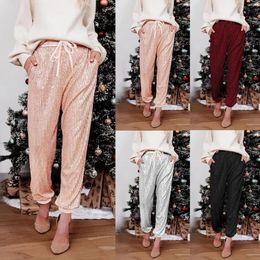 Pantalon femme paillettes paillettes pantalon taille haute extensible club brillant élégant jogging avec cordon de serrage