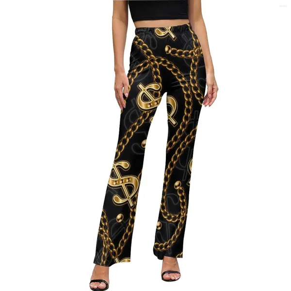 Pantalones de mujer con estampado de cadena dorada, talle alto, signo de dólar estadounidense, moda coreana, pantalones informales acampanados de uso diario, pantalones extragrandes personalizados