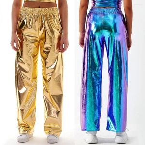 Pantalon de Jogging doré pour femme, taille haute, Streetwear, Hip Hop, danse, Polyester, argent, Clubwear
