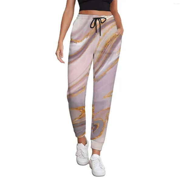 Pantalones de mujeres doradas estampadas líquidas damas rosa marbol streetwear pantalones de chándal primavera pantalones de patrón moderno gran tamaño