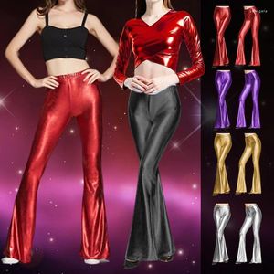 Pantalones para mujer Pantalones dorados brillantes acampanados con láser Sexy Wetlook Bell Bottoms Retro 70s 80s Disco Hip-hop Dance Skinny Stretch