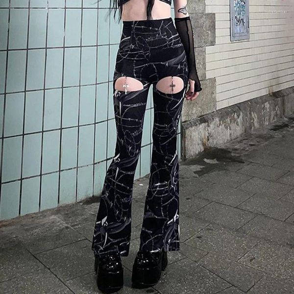 Pantalon féminin gothique creux outre noir punk cross crant à imprimé mental street harajuku skinny sexy