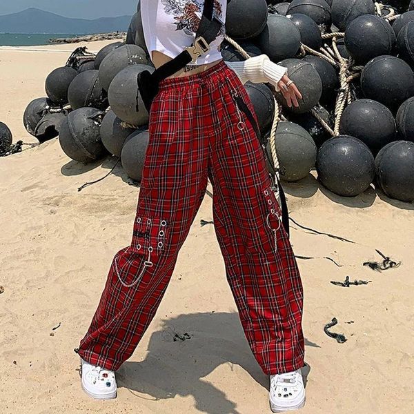 Pantalon Femme Gothique Punk Cargo Chaîne Plaid Femmes Harajuku Ins Marée Rouge À Carreaux Pantalon Large Jambe Mode Été Hip Hop Streetwear