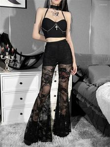 Pantalon de femmes style gothique femme gaze maille féminine See-through pantalon de jambe large sexy goth club de nuit porte egirl y2k alt vêtements