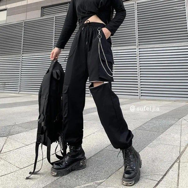 Calças femininas gothique carga mulheres punk corrente gótico harajuku calças pretas moda coreana cintura alta sweatpants feminino