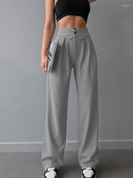 Pantalon femme gris taille haute bouton pantalon femmes plis décontracté plissé Baggy printemps 2023 été fermeture éclair bureau dames complet