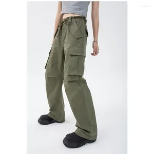 Pantalon féminin cargo vert vintage hauteur streetwear streetwear mode été décontracté droit baggy large jambe grosse pantalon de poche