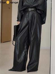 Pantalon Femme HanOrange 2024 Automne Mode Moderne Taille Haute Jambe Large Brillant Femmes Lâche Silhouette Pantalon Noir