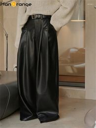 Pantalon Femme HanOrange 2024 Automne Moderne Taille Haute PU Femmes Doux Drop Feel Casual Noir Jambes Larges Pantalon Femme Faux Cuir
