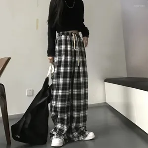 Damesbroek Harajuku Zwart -en witte plaid vrouwen Zomer Casual breedbeenbroek Koreaanse mode Losse rechte y2k bodem