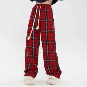 Pantalon femme Harajuku surdimensionné rouge à carreaux femmes 2023 printemps Hip Hop ample jambe large pantalon femme taille haute décontractée droite