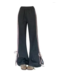 Pantalon Femme Harajuku Rayé Flare Jeans Taille Basse Slim Cross Bandage Élastique Pantalon De Survêtement Style Preppy Pantalon De Mode Américain Rétro