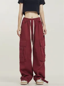 Pantalon femme Harajuku Vintage rouge Cargo femmes surdimensionné Hip Hop Streetwear poches pantalon noir rétro jambe large bas tactique