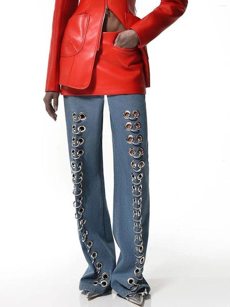 Pantalon féminin de haute qualité 2024 Automne Fashion Loose ajusté Denim Sexy Waited Metal Crempa