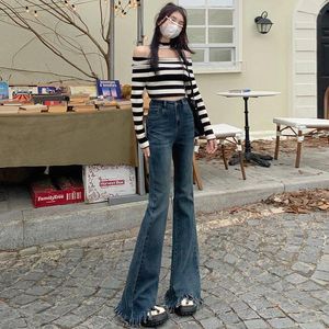 Pantalon féminin High Stree Vintage Jeans Streetwear Femmes Y2k Slim Légèrement Strech All Season Blue Tassel Flare