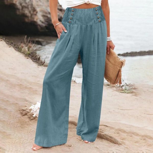Pantalon féminin Bouton taille élevée longue étape large jambe bordereuse Palazzo Baggy Beach pantalon avec du ciel de poche bleu