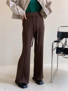 Pantalones de mujer con cordón de cintura alta Otoño/Invierno pantalones rectos elásticos informales acampanados de punto sueltos blancos y negros