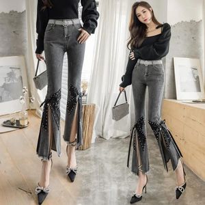 Pantalon femme taille haute jean femme 2023 printemps automne élasticité perlé nœud papillon évasé Denim mince gris recadrée avec fentes