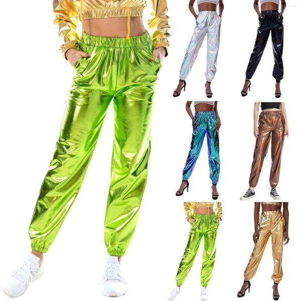 Pantalones de mujer Cintura alta Bloque de color brillante Mojado Cuero ancho Mujer Imitación para bonita