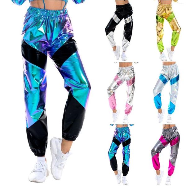 Pantalones de mujer de cintura alta, aspecto mojado brillante, pantalones cargo metálicos, pantalones de baile de cuero, leggings con lentejuelas