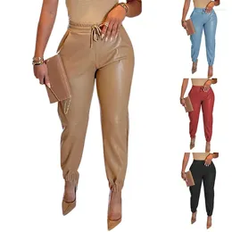 Pantalon taille haute en cuir PU pour femmes, Slim, cordon de serrage élastique, Look mouillé, bas, Leggings, Costumes de discothèque, T667