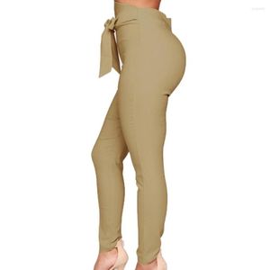 Pantalon féminin taille haute couleur solide crayon mince pantalon chic élastique dame bow ceinture mince tr