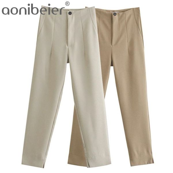 Pantalones de mujer Pantalones de cintura alta Oficina Formal Señoras Ropa de trabajo Sólido Pantalón pitillo Casual Primavera Caqui Traje delgado 210604