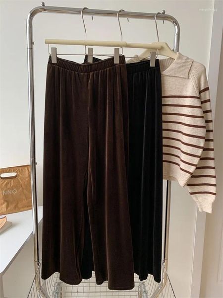 Pantalones para mujer Terciopelo de cintura alta para mujer Otoño Invierno Slim Black Brown Elástico Slouchy Estilo Pantalón de pierna ancha