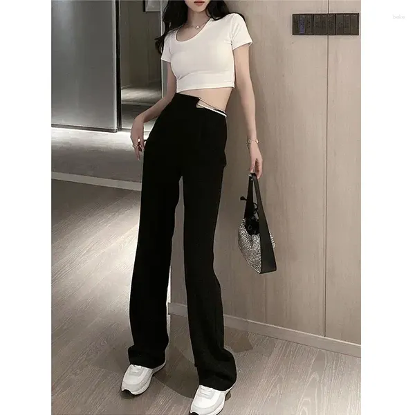 Pantalones de mujer de cintura alta pierna ancha traje negro ropa primavera y otoño diseño Irregular cadena con cuentas pantalones rectos sueltos sexo