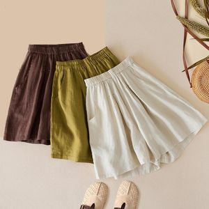 Pantalones de mujer Pantalones cortos de pierna ancha de lino de algodón de cintura alta Versión coreana de verano femenino de retro literario suelto Yardas grandes Ocio Five-min